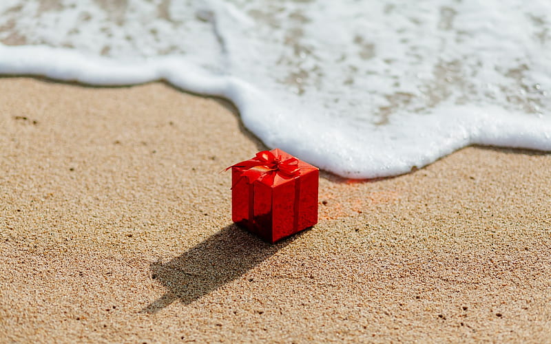 beach, gift, travel, red gift box, vacation, sea, HD wallpaper