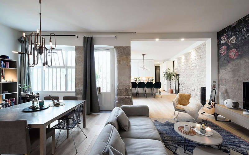 living room, modern stylish interior, gray walls, interior design of the living room, HD wallpaper