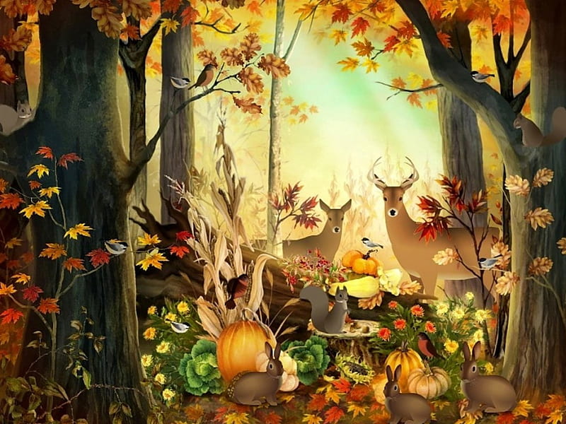 Happy thanksgiving !, forest, colorful, happy thanksgiving, autumn, harvest, lovely, bonito, thanksgiving, nice, color, animals, HD wallpaper