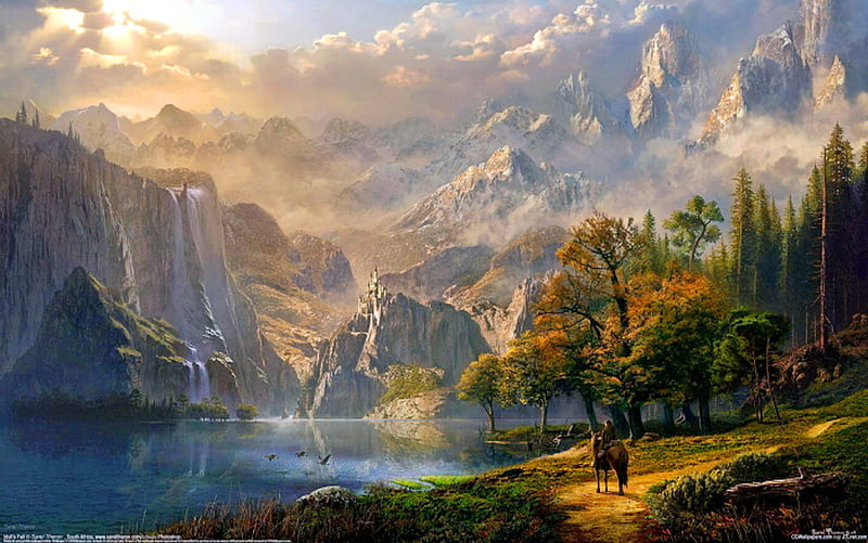 Where I belong, trees, horse, clouds, mountain, rugged, cliffs, beauty, nature, river, HD wallpaper
