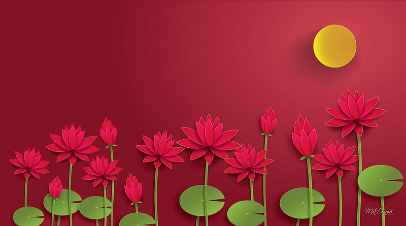 Red Lotus Sunshine, red, lotus, sun, cut outs, lilies, leaves, 3D, flowers,  sunshine, HD wallpaper | Peakpx