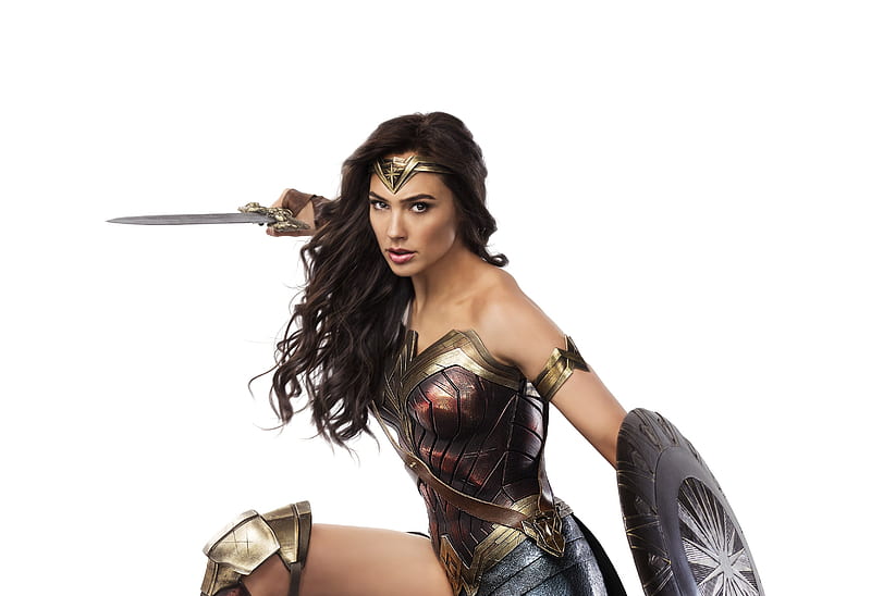 Wonder Woman (2017), poster, movie, shield, comics, Gal Gadot, woman, wonder woman, fantasy, girl, actress, white, sword, HD wallpaper