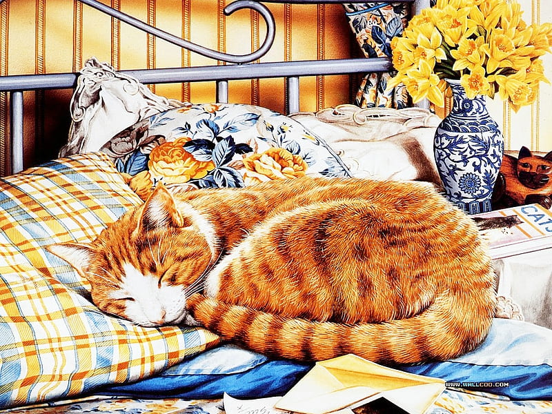 Cat painting by Geoffry Tristam, art, sleep, geoffrey tristam, painting, flower, cat, kitten, bed, HD wallpaper