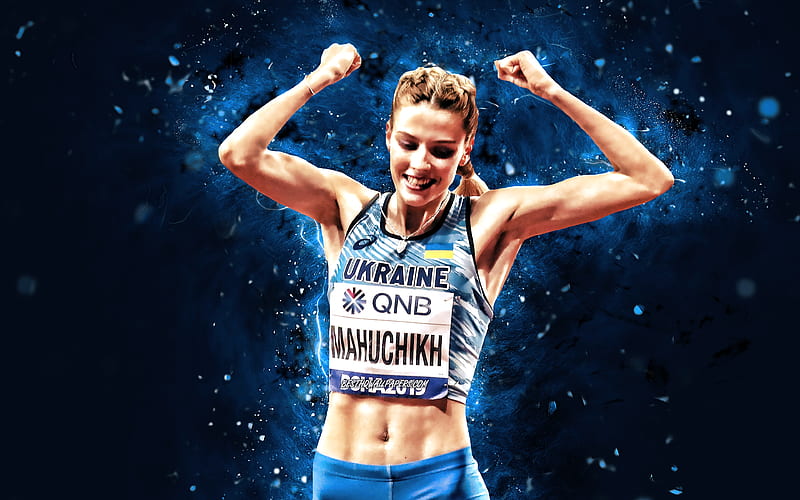 Yaroslava Maguchih blue neon lights, ukrainian athlete, high jump, Yaroslava Maguchih, HD wallpaper