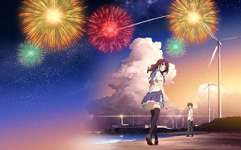 Anime, Stars, Cloud, Fireworks, Uniform, Wind Turbine, Uchiage Hanabi Shita Kara Miru Ka? Yoko Kara Miru Ka?, Nazuna Oikawa, Norimichi Shimada, HD wallpaper