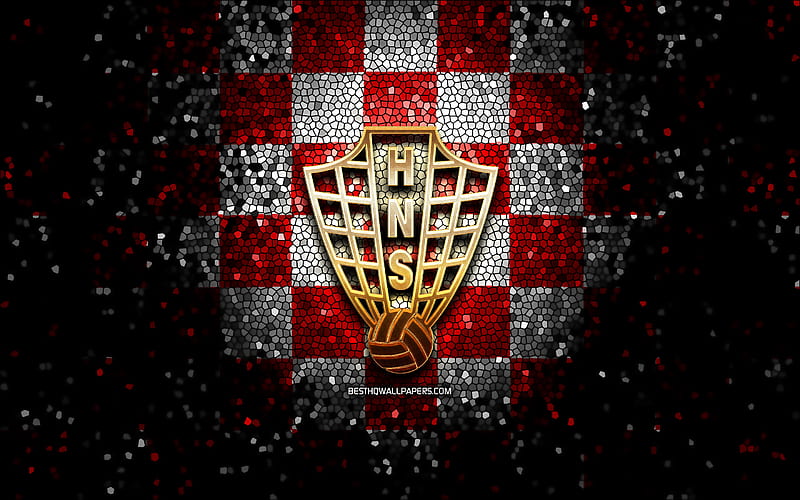 Croatian football team, glitter logo, UEFA, Europe, red white checkered background, mosaic art, soccer, Croatia National Football Team, HNS logo, football, Croatia, HD wallpaper