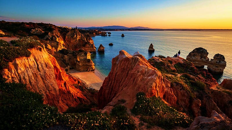 Coast of the Algarve, Portugal, sky, rocks, sunset, landscape, atlantic, ocean, HD wallpaper