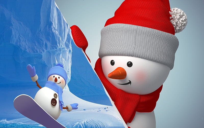 Me & my son at South Pole (snowman), red, fun, abstract, snowman, winter, cute, Paint net, snowboarding, white, light, blue, HD wallpaper