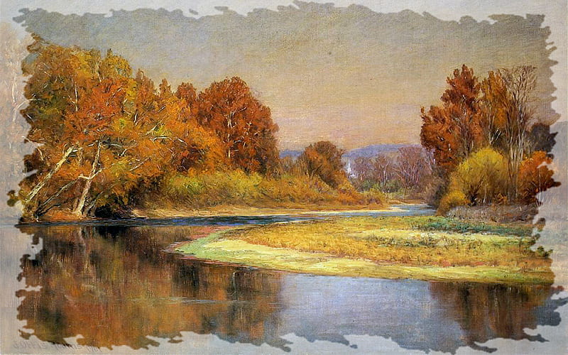 Sycamores on the Whitewater, art, trees, artwork, adams, painting, wide screen, john ottis adams, river, scenery, sycamores, landscape, HD wallpaper