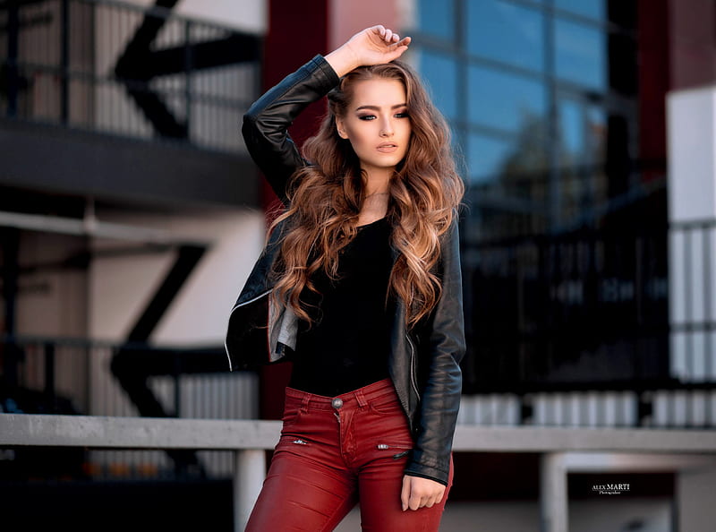 Girl Leather Jackets Outdoor, girls, graphy, model, HD wallpaper