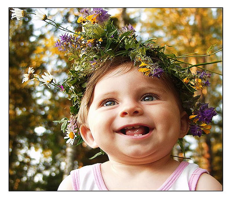 A childs laughter, laughing, giggling, flowers, crown, child, baby, HD wallpaper