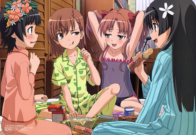Mikoto and Friends, food, kuroko, kazari, ruiko, sleepover, to aru kagaku no railgun, anime girl, pajama, mikoto, HD wallpaper