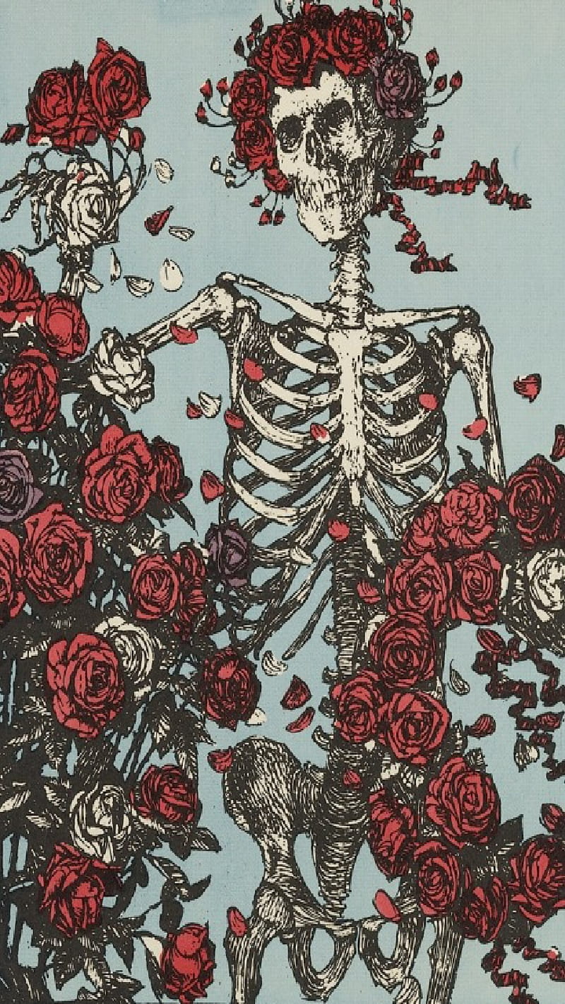 Grateful Dead, band, music, skeleton, flowers, red, HD phone wallpaper
