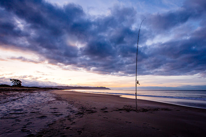 beach, sea, fishing rod, fishing, twilight, HD wallpaper