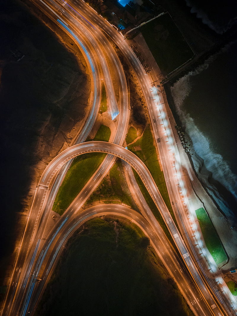 road, aeral view, tangled, backlight, road junction, HD phone wallpaper