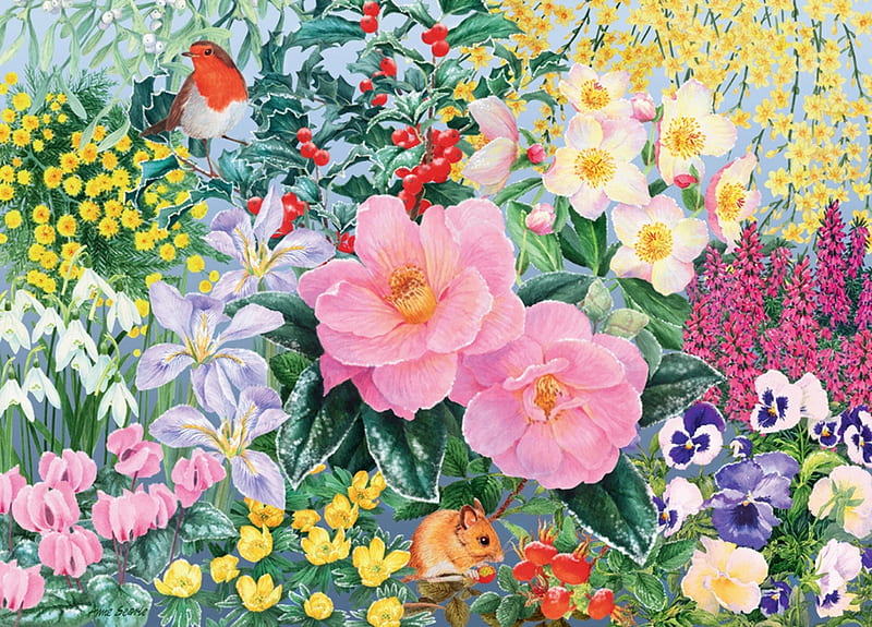 The cottage garden, colorful, art, rose, yellow, pansy, anne searle, vara, bird, summer, flower, garden, pasari, painting, pink, pictura, HD wallpaper