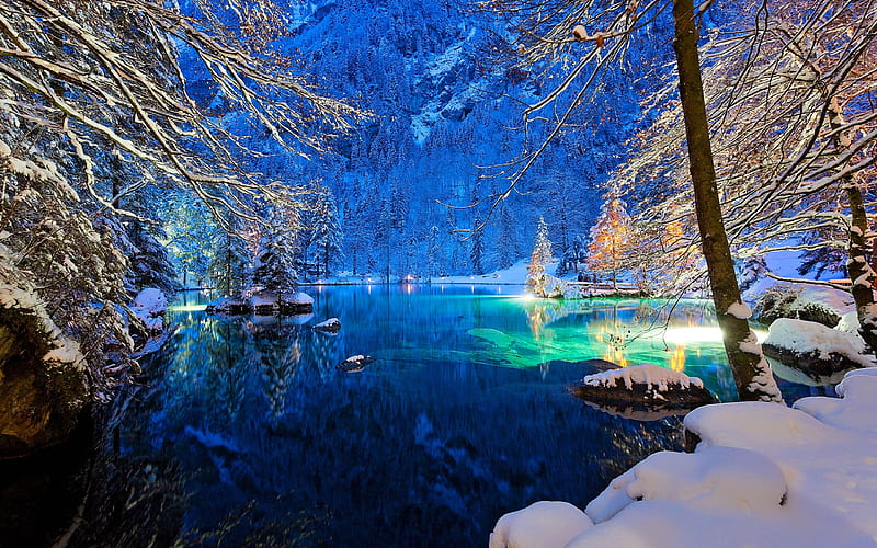 Kander Valley, mountain lake, winter, snow, forest, Switzerland, HD wallpaper