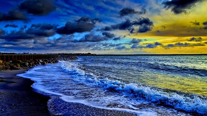 a new day begins, beach, black, sunrise, waves, clouds, sea, HD wallpaper
