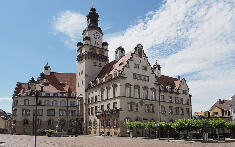 Town Hall in Saxony, Germany, town hall, Germany, architecture, building, lanterns, clock, HD wallpaper