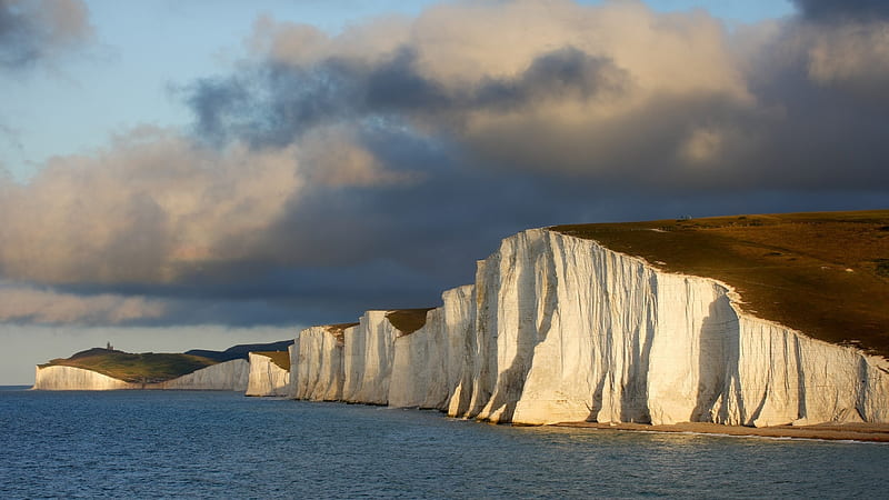 Englands white cliffs, Cliff, Coast, Mountain, beach, Lighthouse, Cloud, Fence, Nature, England, Sea, Landscape, Great Britain, Fields, United Kingdom, HD wallpaper