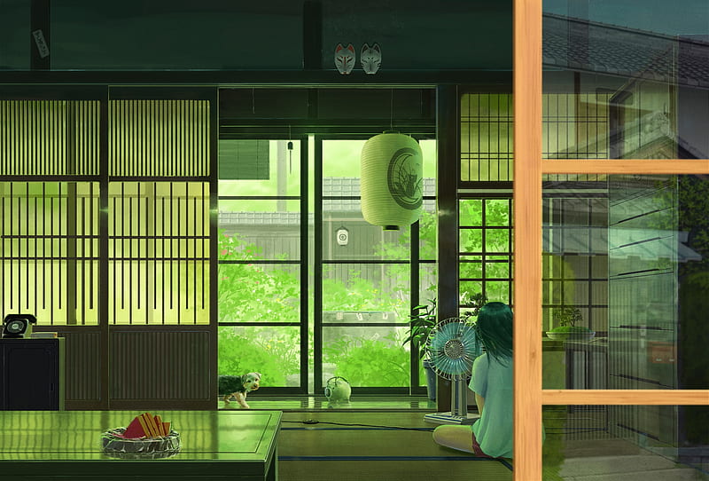 summer, fan, traditional house, anime girl, room, Anime, HD wallpaper
