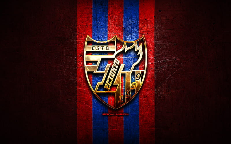 FC Tokyo, golden logo, J1 League, red metal background, football, Tokyo FC, japanese football club, FC Tokyo logo, J-League, soccer, japan, HD wallpaper