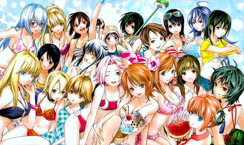 Anime Crossover, girls, series, anime, bikinis, HD wallpaper