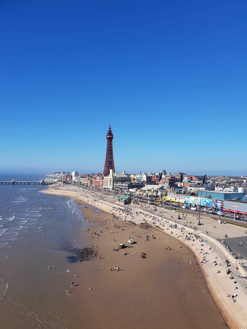 Blackpool tower, beach, coast, sand, sea, seaside, sky, HD phone wallpaper