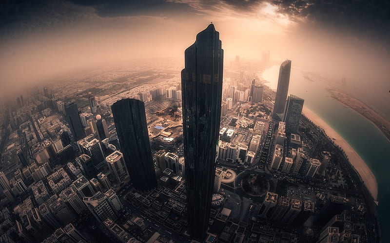 Abu Dhabi, fog, UAE, skyscrapers, United Arab Emirates, HD wallpaper