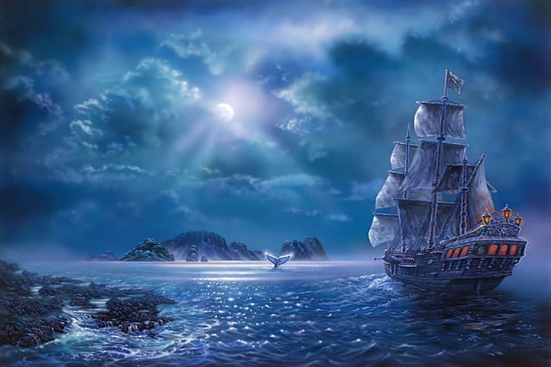 MOONLIT OCEAN, ship, ocean, clouds, blue, night, moonlit, HD wallpaper