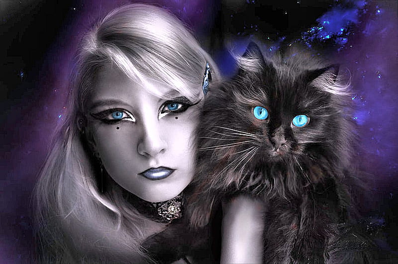Blue eyed Woman with blue eyed Cat, fantasy, woman, cats, abstract, HD wallpaper