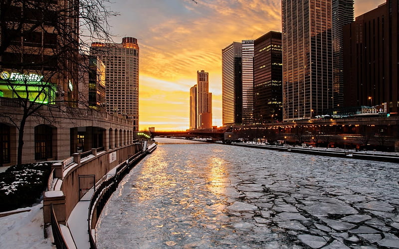frozen chicago river at sunset, city, ice, river, sunset, frozen, winter, HD wallpaper