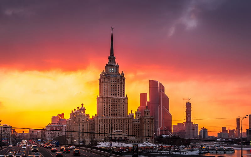 Moscow, Moscow State University, sunset, Soviet architecture, metropolis, Moscow river, Russia, HD wallpaper