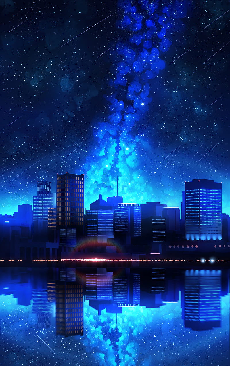city, night, starry sky, water, reflection, HD phone wallpaper