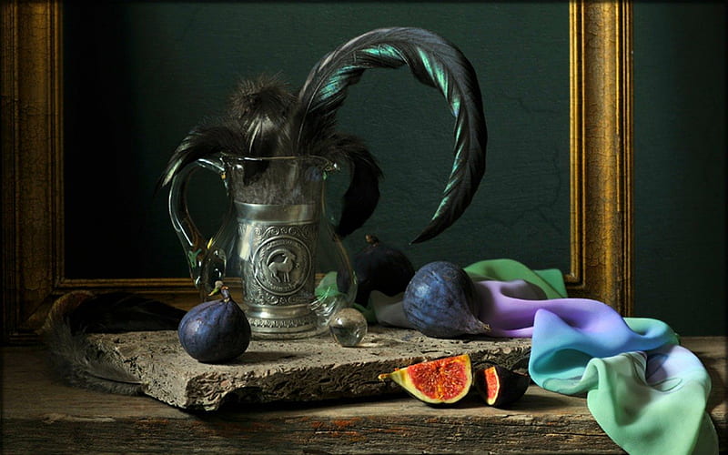 Still life, fruit, feathers, jar, HD wallpaper