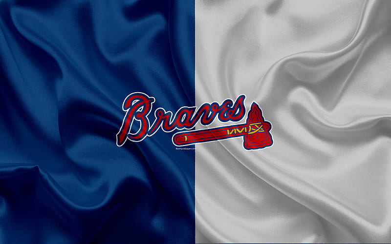 Atlanta Braves logo, silk texture, American baseball club, blue-gray flag, emblem, MLB, Atlanta, USA, Major League Baseball, HD wallpaper