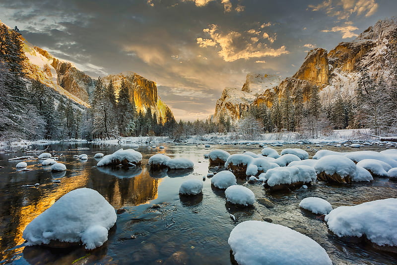 National Park, Yosemite National Park, Mountain, Nature, Snow, Stone, USA, Winter, HD wallpaper