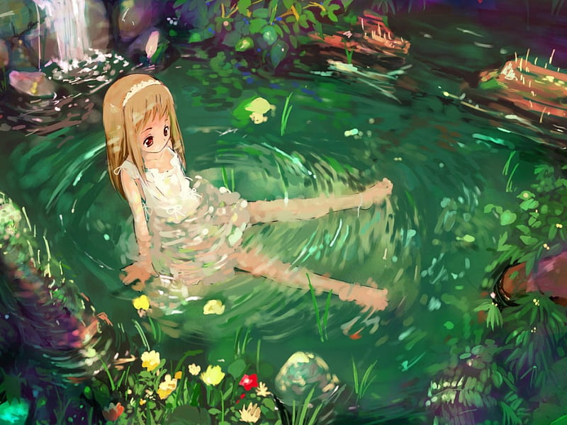 Girl at the pond, pond, water, green, girl, anime, flowers, HD