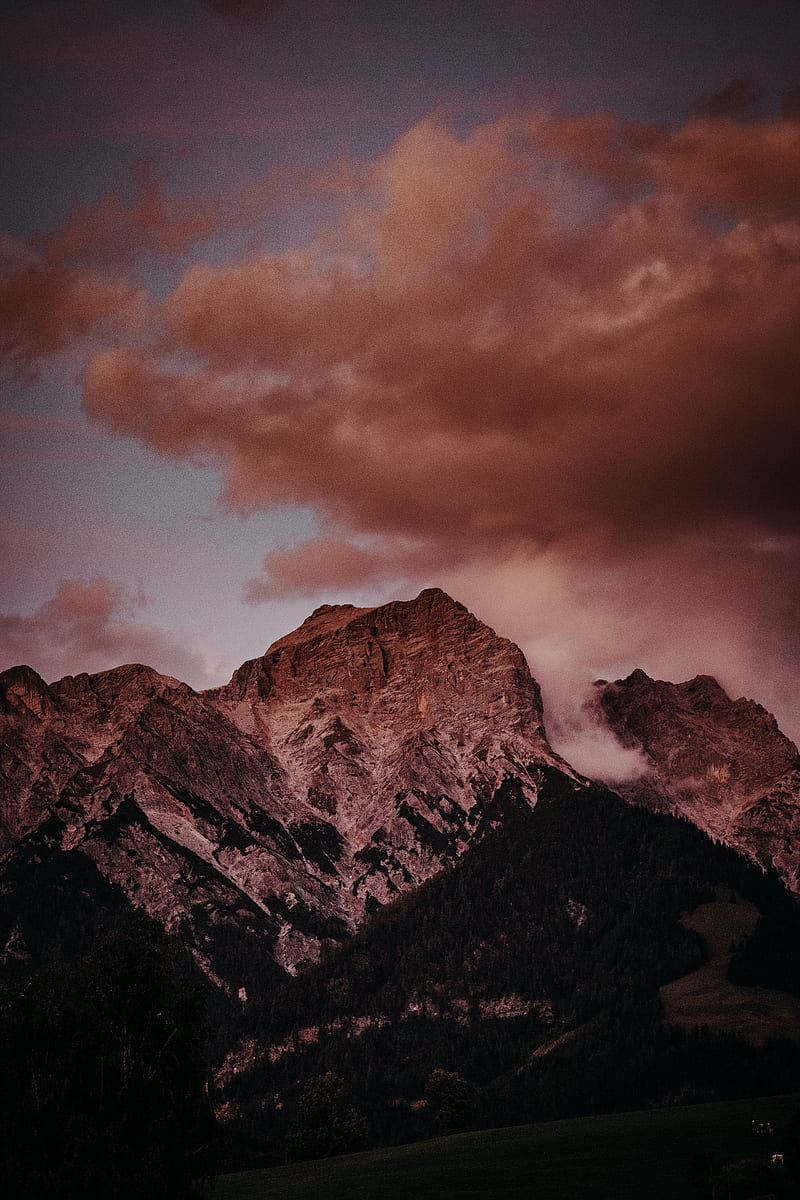 mountains, peak, clouds, landscape, twilight, HD phone wallpaper