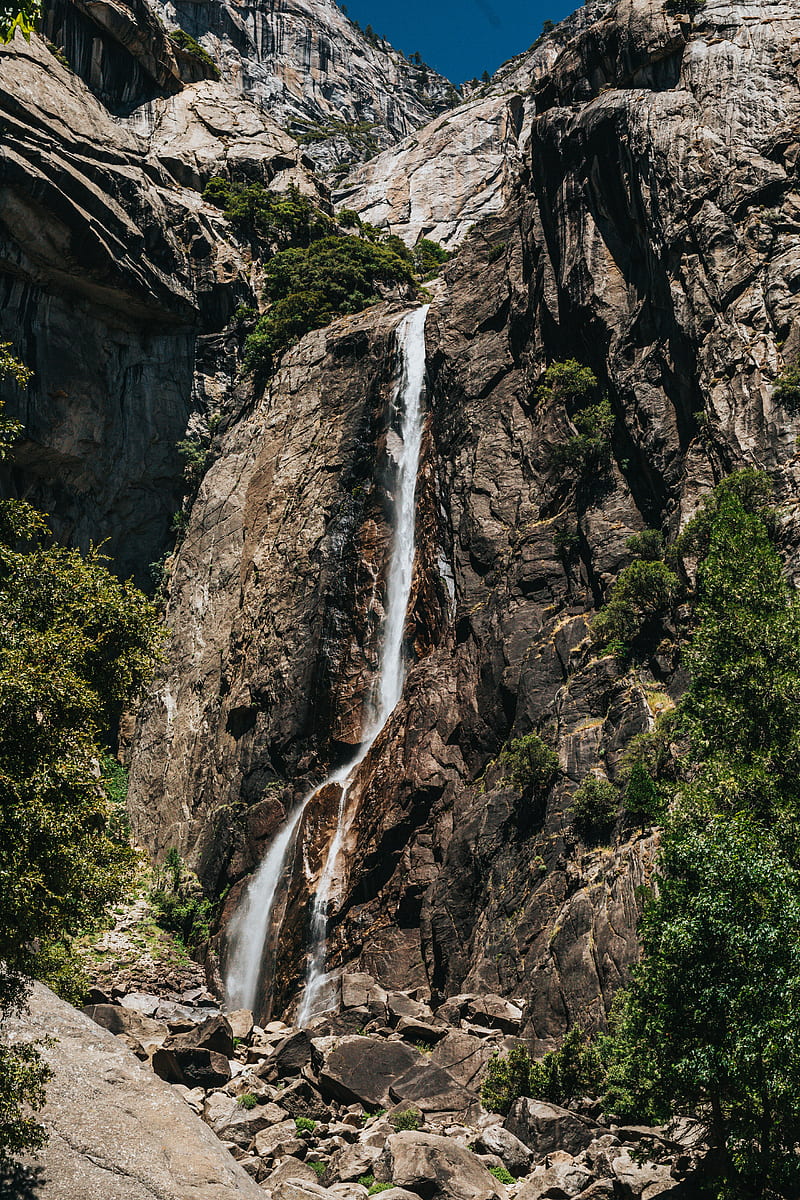 waterfall, stones, rocks, branches, cliff, HD phone wallpaper