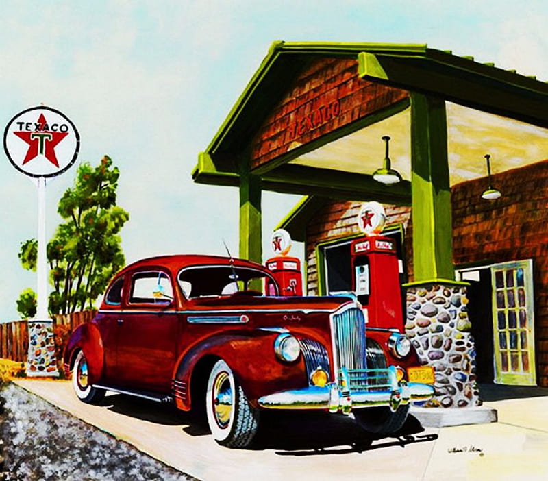 Gasoline, fuel, house, car, artwork, vintage, HD wallpaper