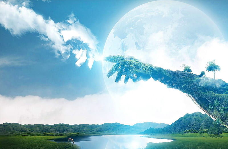 Invisible touch, hands, nature, fantasy, touch, HD wallpaper