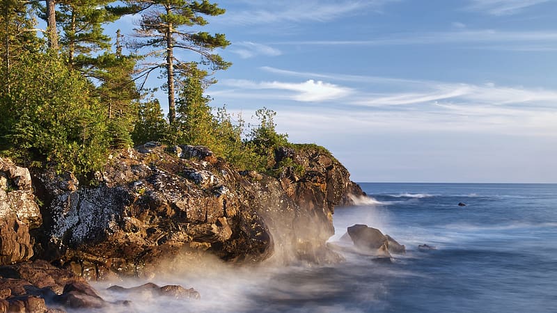 The Coast Of Lake Superior, Ontario, sky, rocks, water, trees, clouds, canada, HD wallpaper