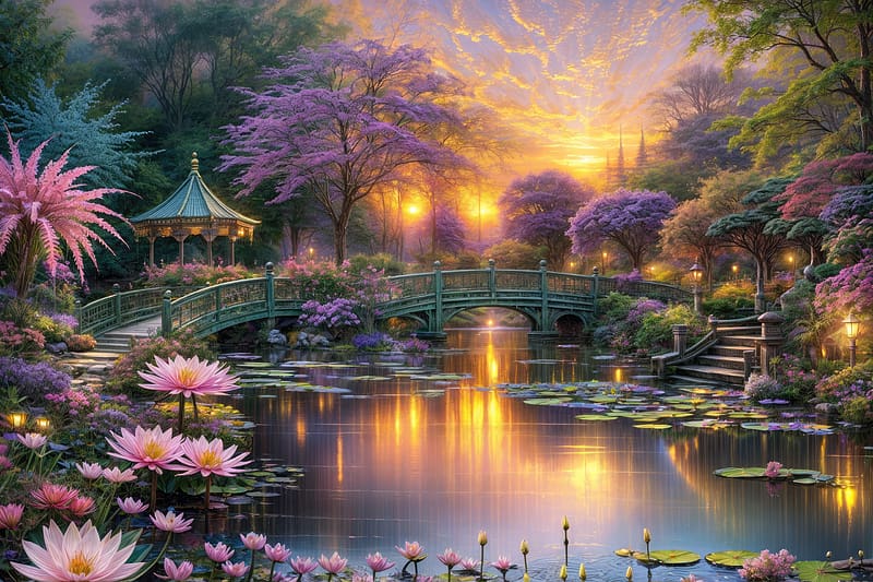 Spring in the park, gazebo, lights, lake, paradise, eden, bridge, park, heaven, relax, blossoms, lilies, springtime, spring, pink, reflection, flowers, lowering, trees, pond, beautiful, blooming, wildflowers, serenity, peaceful, HD wallpaper