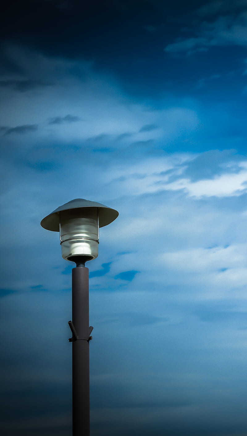 Lamp post in sky, blue, lamp, lights, minimalist, nature, post, sky, stand, up, white, HD phone wallpaper