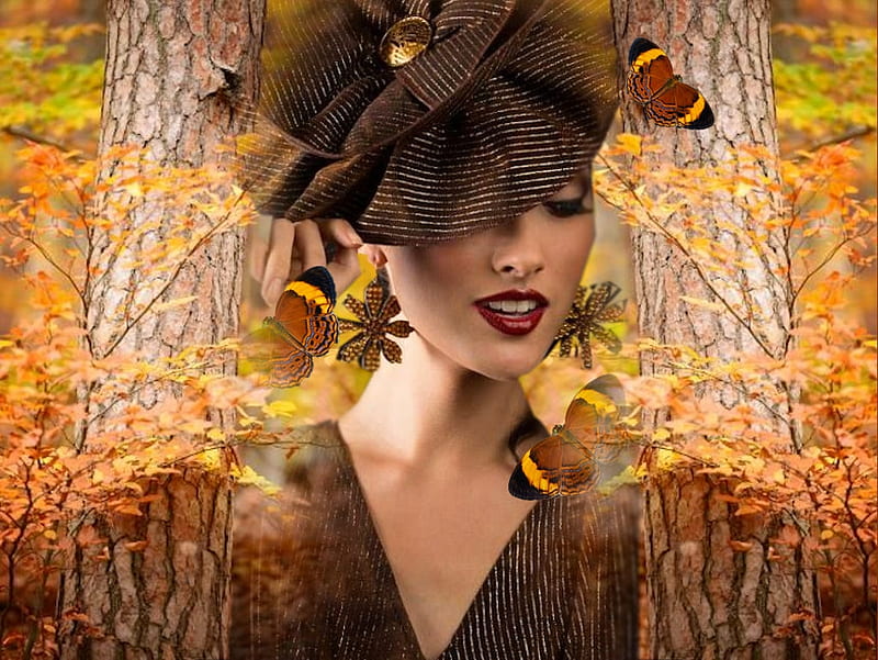 Between Autumn And Fall, bright, yellow, trees, orange, hat, colorful, blouse, vibrant, butterflies, brown, vivid, bold, HD wallpaper
