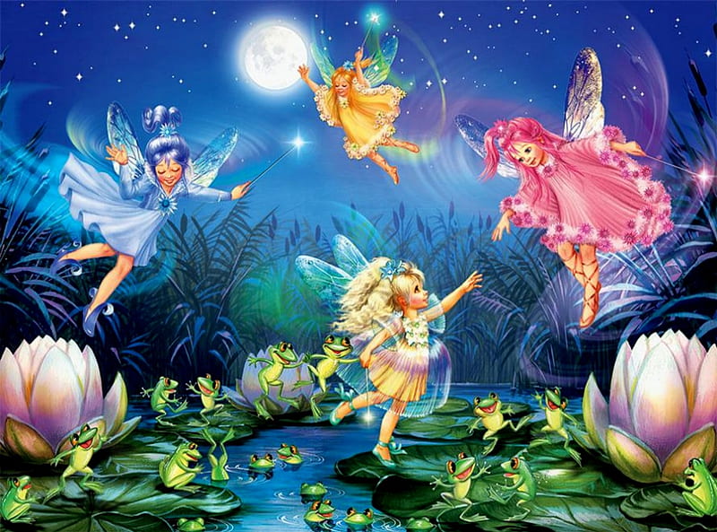 Fairies Dancing With Frogs, Water, Fairies, Frogs, Lily Pads, Moon, Dancing, HD wallpaper