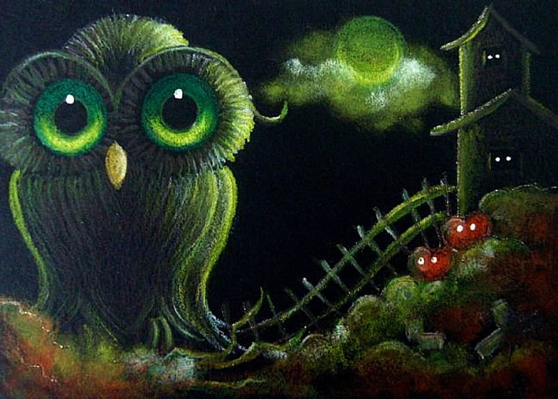 Owl in Scary Night, moon, halloween, artwork, lights, pumpkins, HD wallpaper