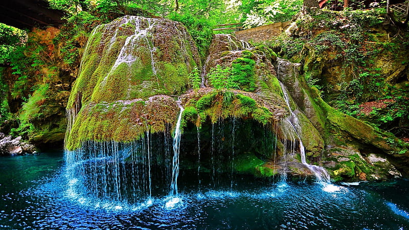Waterfalls Between Algae Covered Rock In Forest Pouring On River Beautiful, HD wallpaper