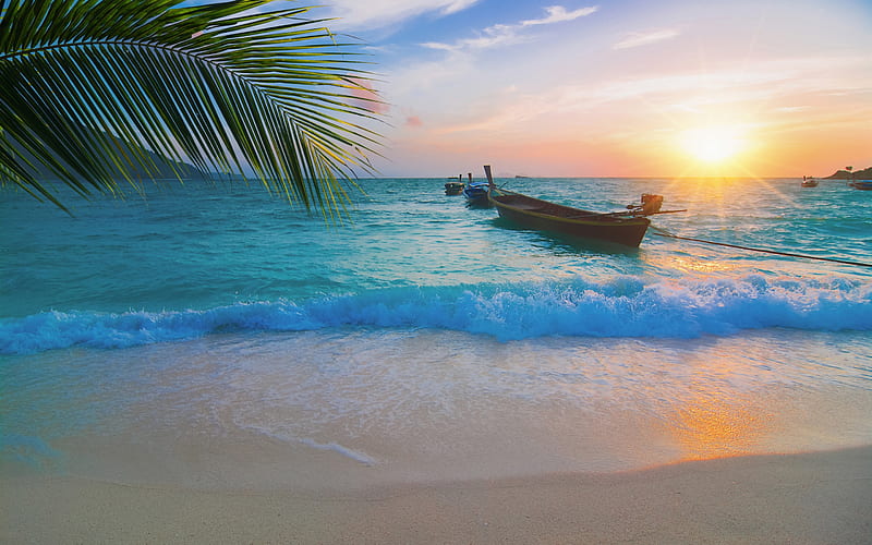 morning, sunrise, Thailand, tropical islands, summer, boats, ocean, beach, waves, HD wallpaper